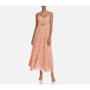AMUR Lucy Paisley Floral Pleated Waist-Cutout Flowy Midi Dress Peach 8 Boho NWT